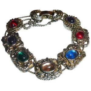 Vintage Mughal Revival Cabochon Bracelet Goldetta Unsigned Safety Chain Glass